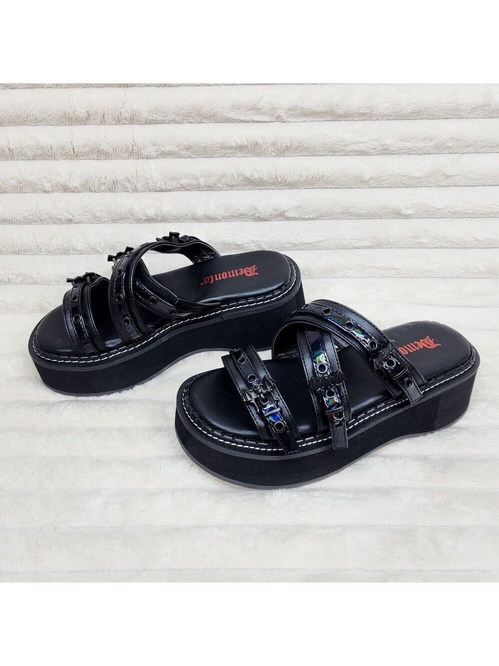 NIB DEMONIA Emily 100 - 2 Black 2" Platform Bat Buckle Slip On Sandals Shoes